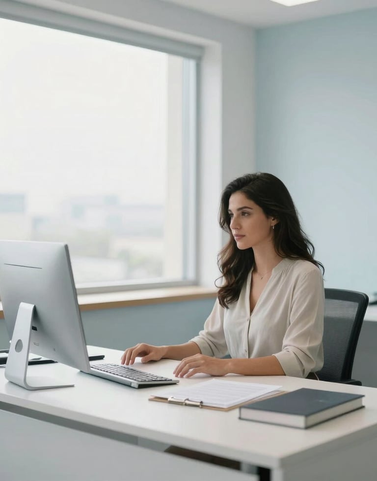Clean, bright office space with a large window and a professional desk. Minimalist decor in soft light blue and off-white, Latin American / Hispanic context.