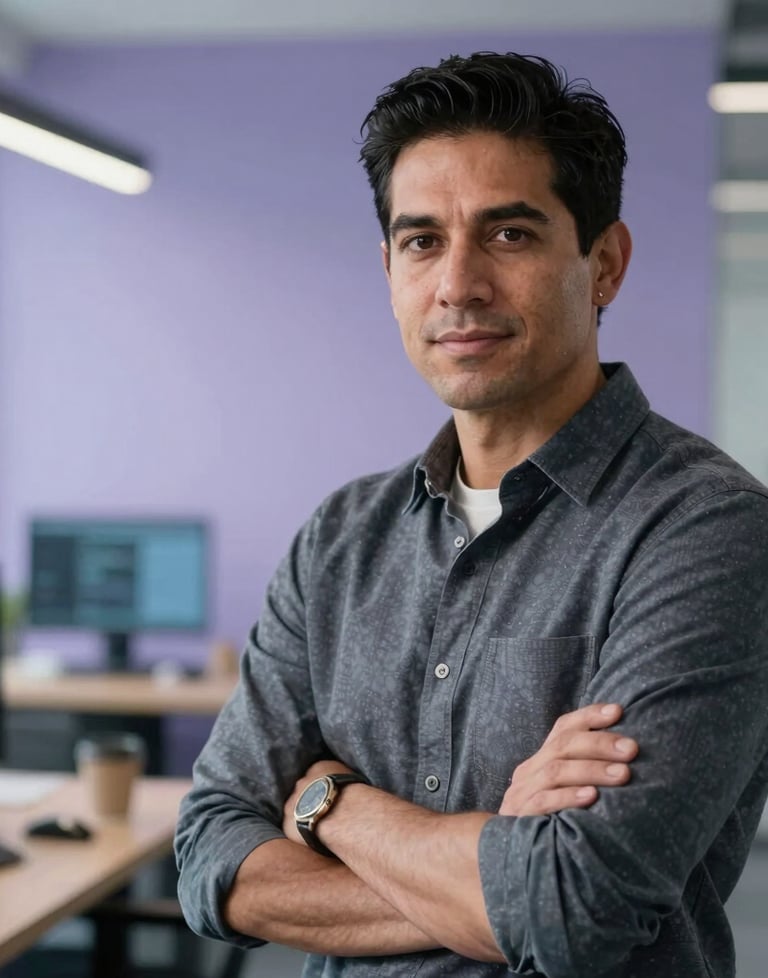A professional portrait of a Hispanic developer in a modern office, looking confident and sophisticated. Soft natural lighting, blurred background of a tech workspace with lavender blue gray tones.