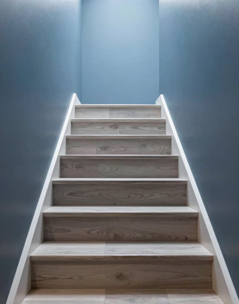 Clean, minimalist shot of a modern staircase in a North American home, featuring slate blue walls and light gray wood steps.