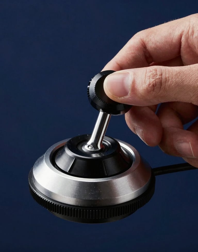 Close-up of a hand using a high-precision editing jog wheel. Steel blue backlight, dark navy environment, professional studio vibe.