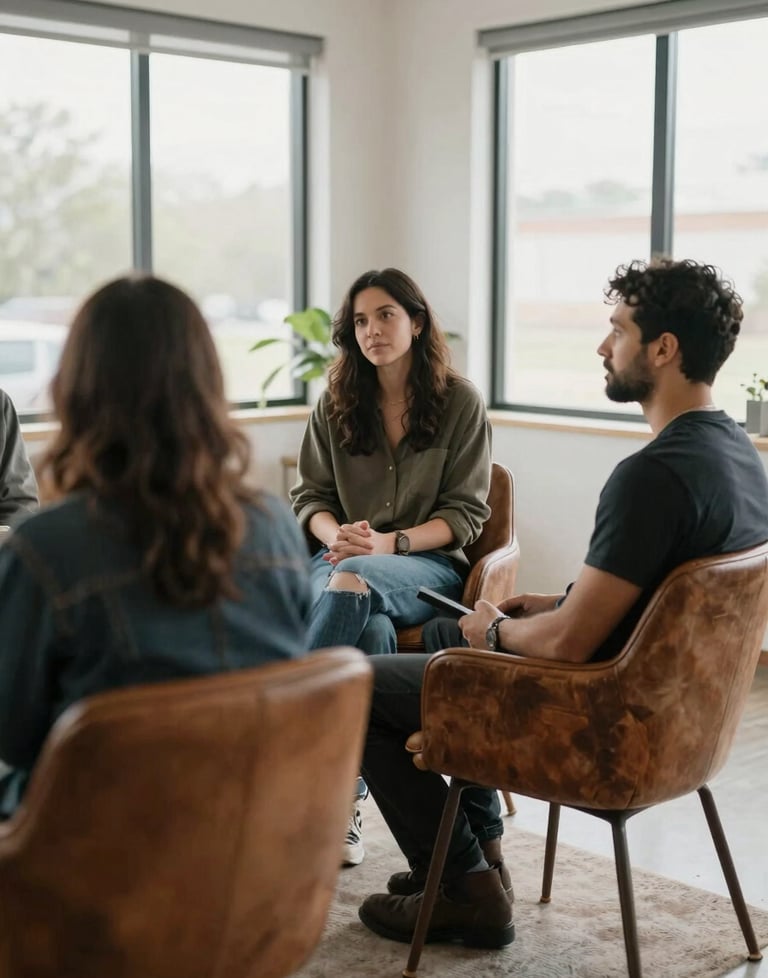 A candid shot of a North American creative meeting in a bright studio, featuring earthy brown leather chairs and large windows.