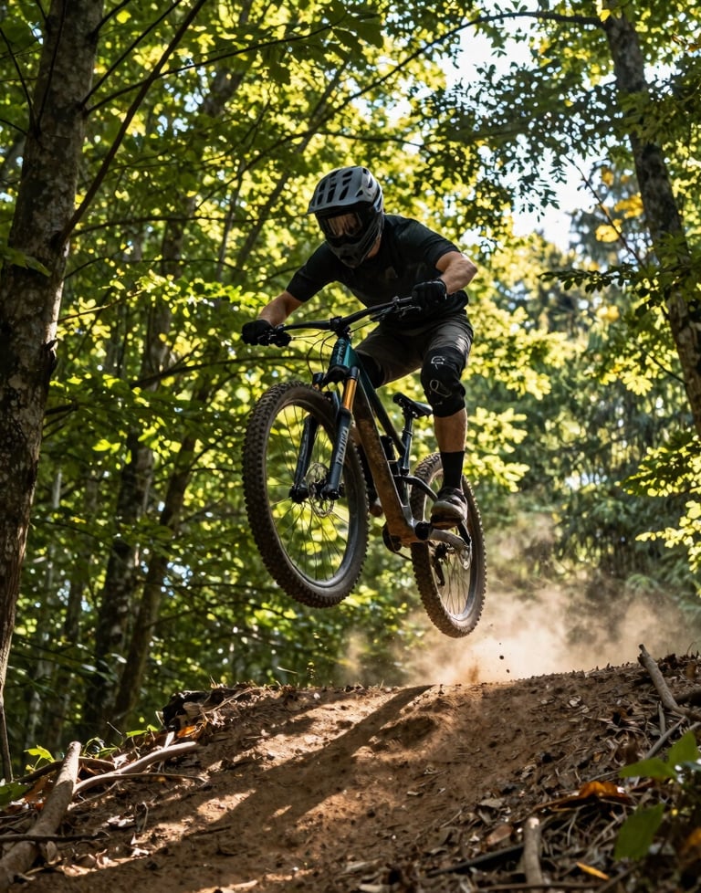 A mountain bike rider mid-air over a natural forest jump, dust kicking up, vibrant green foliage of the Moldovan Codri forest, dramatic afternoon sunlight filtering through tree branches.