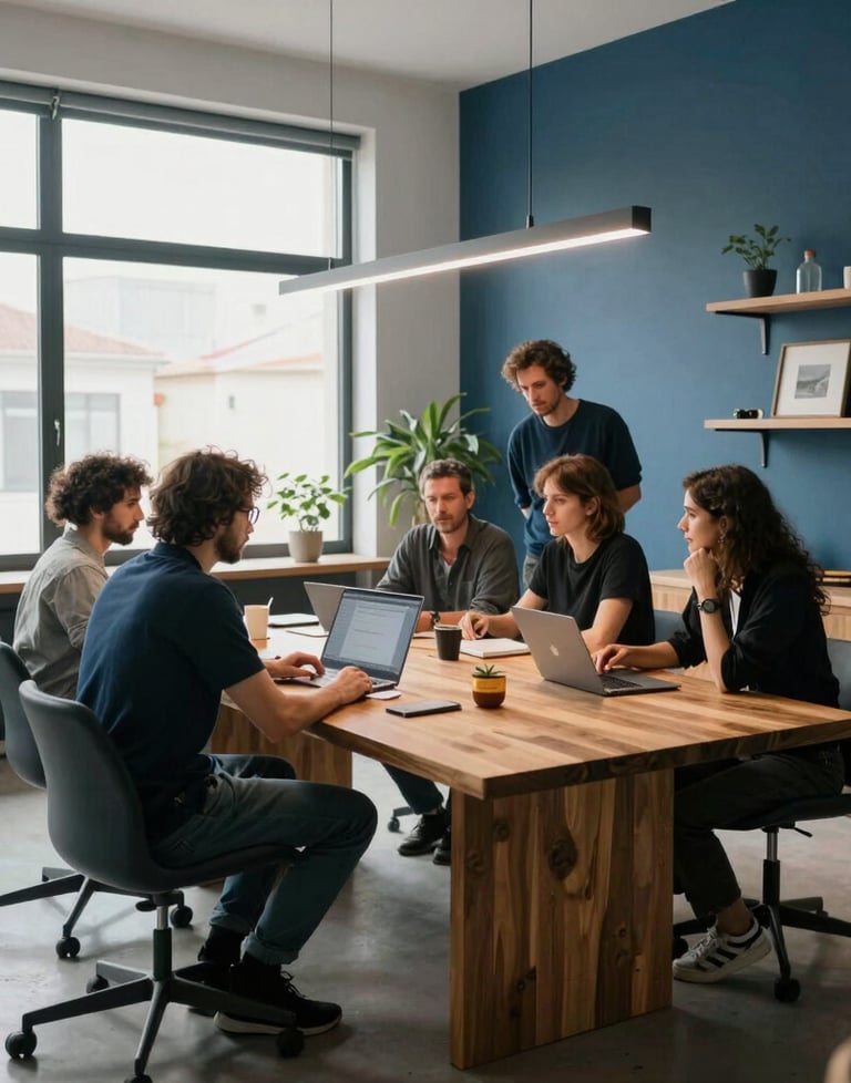 A professional wide shot of the Palavrobjetiva studio team in Lisbon, collaborating around a large wooden table. Modern workspace with large windows, slate blue accents, and professional decor. Atmosphere is serious yet creative.