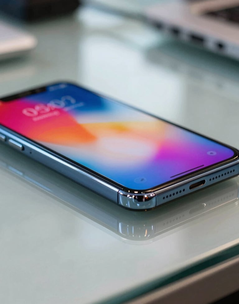 Close-up photograph of a smartphone's edge showing a vibrant, colorful Android screen reflection on a glass desk. North American / US corporate office setting.