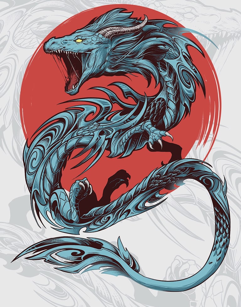 a blue chinese dragon with a red sun in the background
