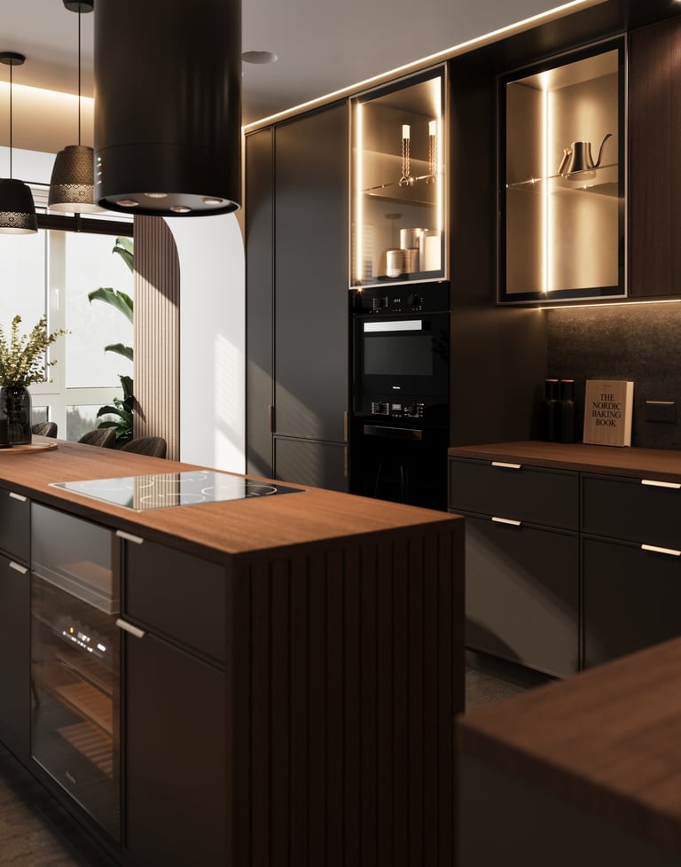 a kitchen with a large wooden counter top