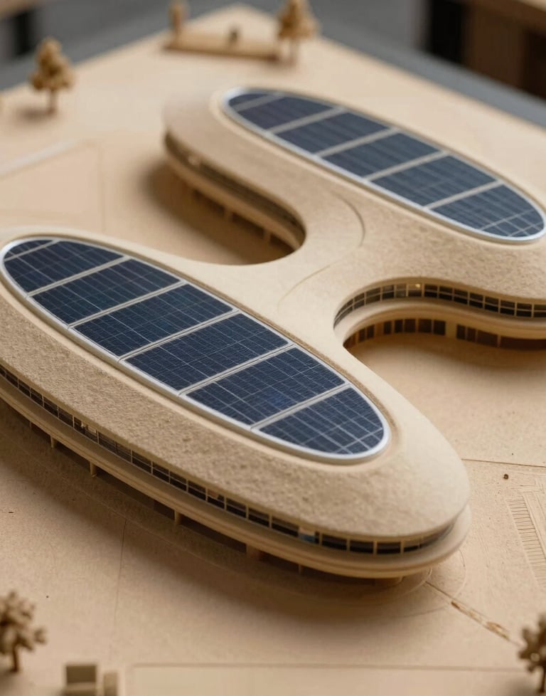 An architectural model of a futuristic eco-building, featuring sand-colored curves and integrated solar panels. The lighting is soft and artistic, suggesting innovation.