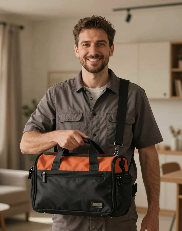 Friendly portrait of a heating technician holding a professional service bag, smiling reassuringly inside a modern, warm interior in Tekirdağ / Thrace, Turkey. Cinematic soft lighting with earthy sand tones.