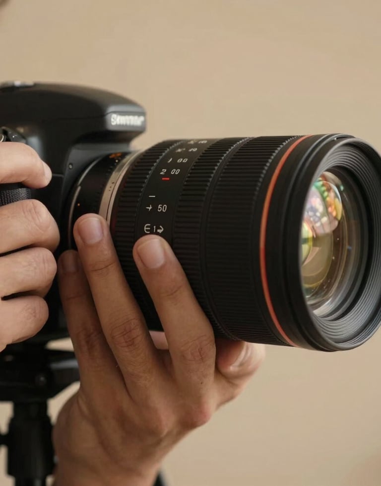Close-up of a photographer's hand adjusting a lens in a studio. The lighting is warm and artistic. Professional South American / Brazilian vibe.