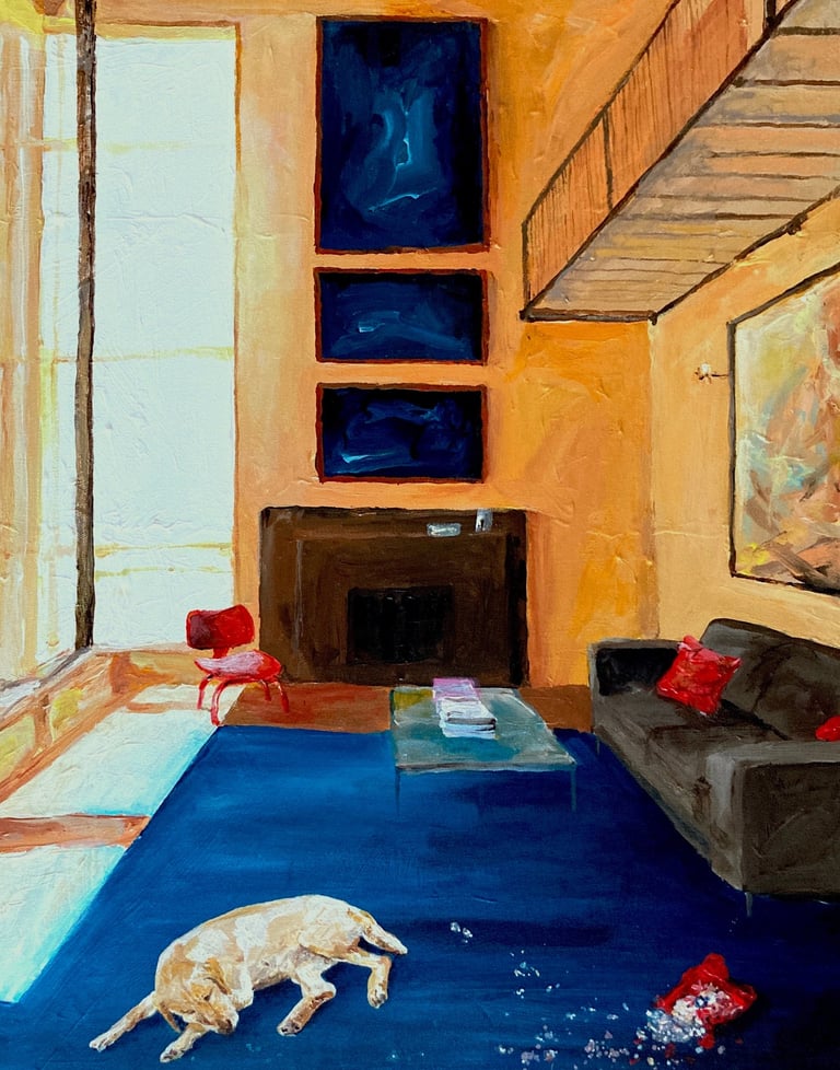 a dog laying on the floor in a living room
