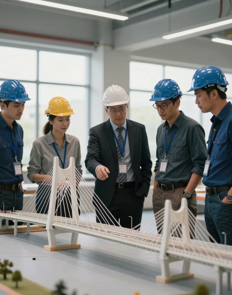 Photography of a group of engineers around a large scale model of a bridge, pointing and discussing details in a bright architectural studio.