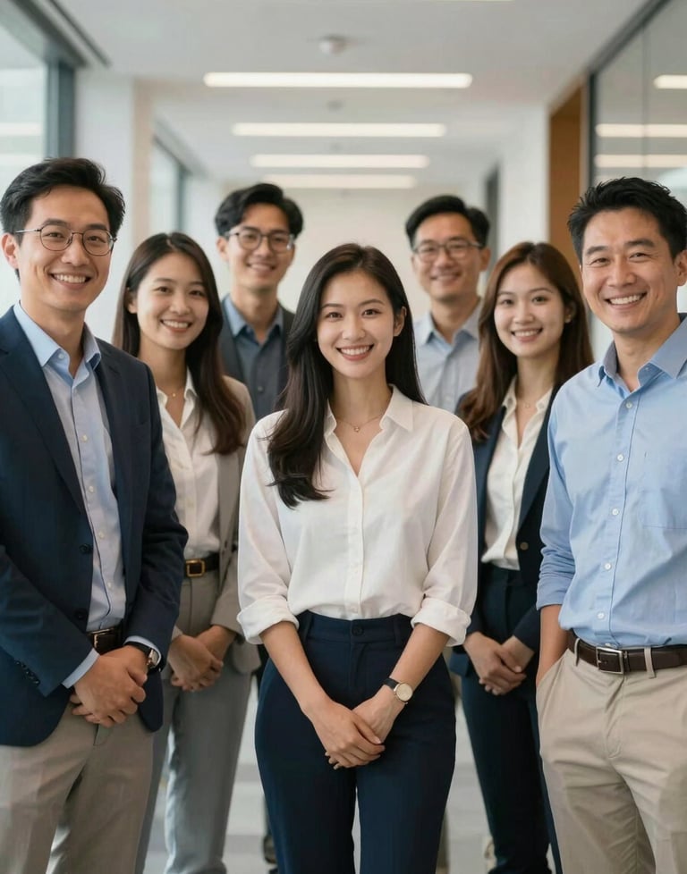 A portraits of a professional team smiling warmly in a bright, modern office hallway. They are dressed in business casual attire. The atmosphere is friendly and trustworthy. North American / US corporate culture.