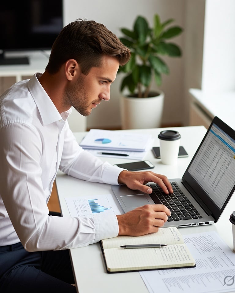Focused male professional analyzing data on a laptop at a bright office desk.