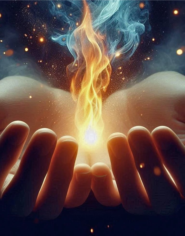 Coupeur de feu - Raphaël Pacchiani - Deux mains en coupe tenant une flamme.