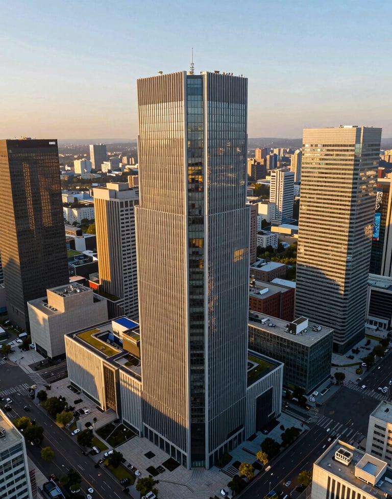 Aerial view of a vibrant business district with modern architecture. Golden hour sunlight casting long shadows. High-end urban photography.