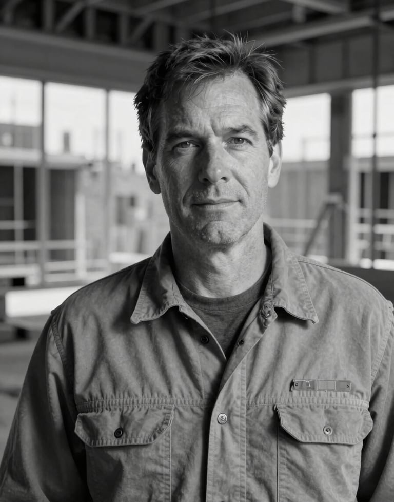 A professional black and white portrait of a man in his 50s with a focused, experienced expression, wearing a practical work shirt, standing against the backdrop of a North American studio construction site.