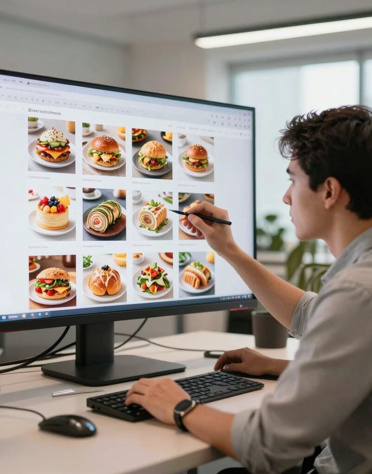 A professional designer in a bright North American office, working on a layout of food-related social media posts on a large screen.