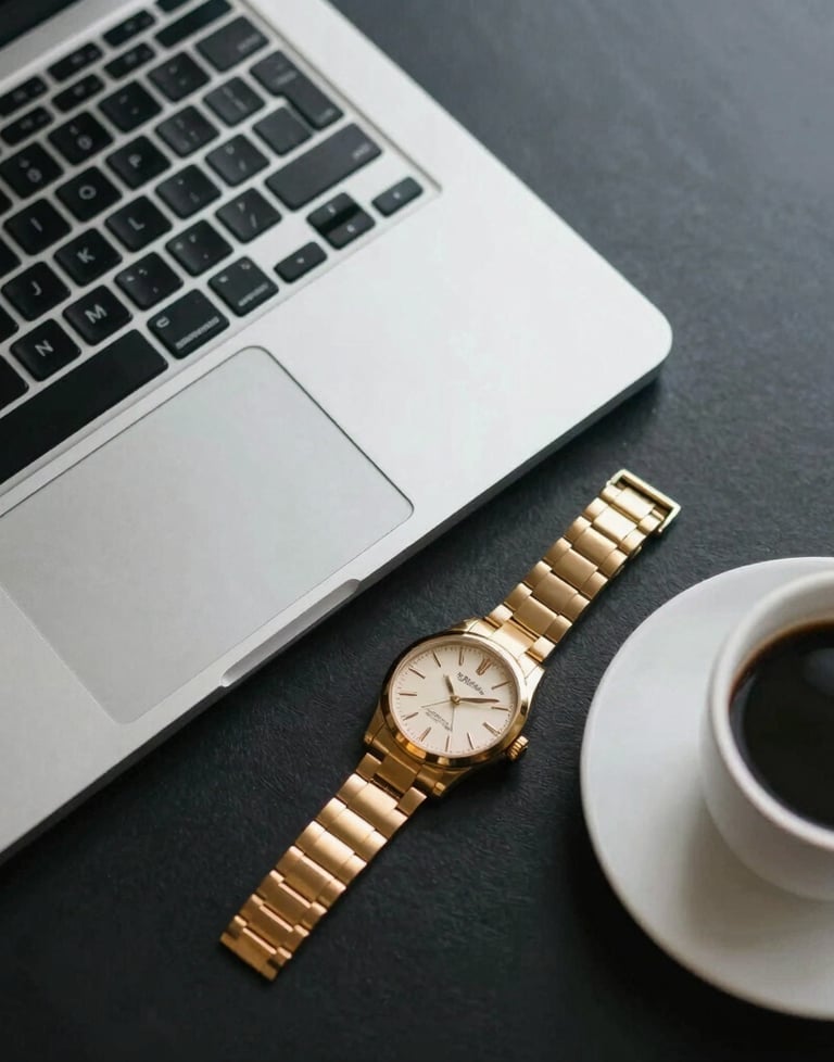 Top-view photography of a workspace with a laptop, a gold watch, and a cup of coffee on a dark surface, representing the busy lifestyle of a Dubai professional.