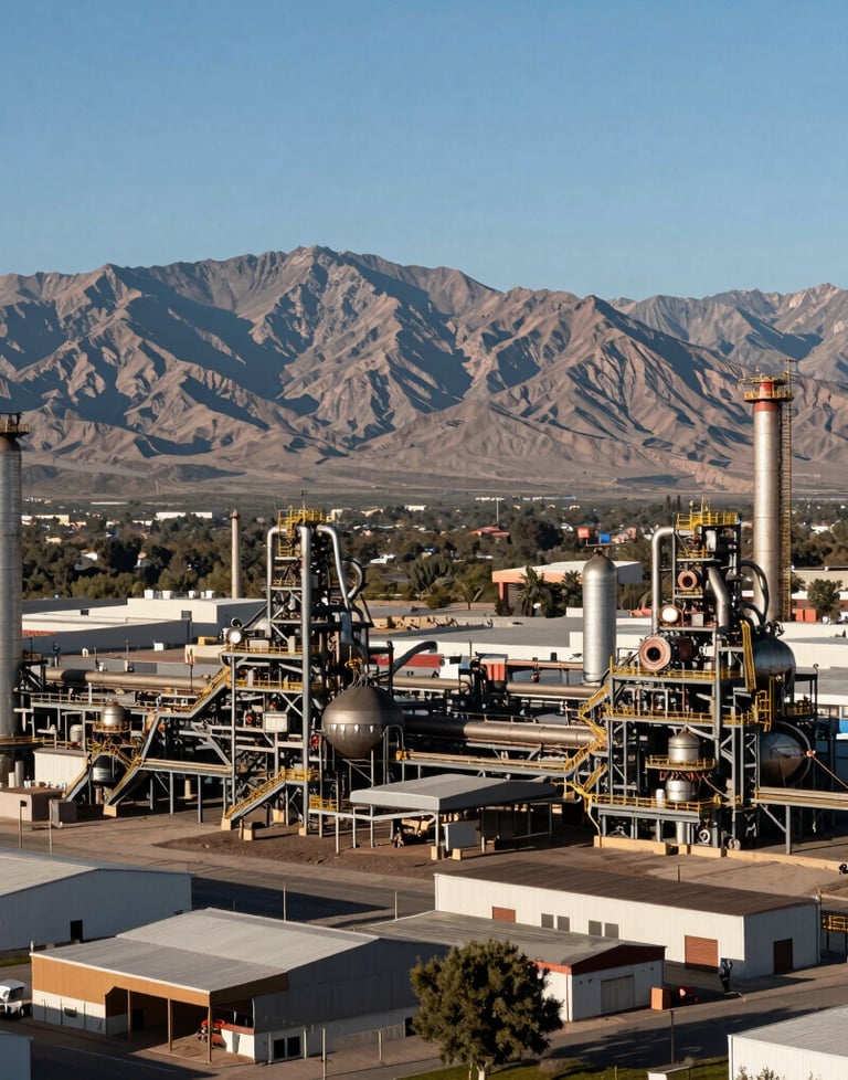 Wide professional shot of an industrial park in Mendoza with the Andes mountains in the background, daytime, clear sky.
