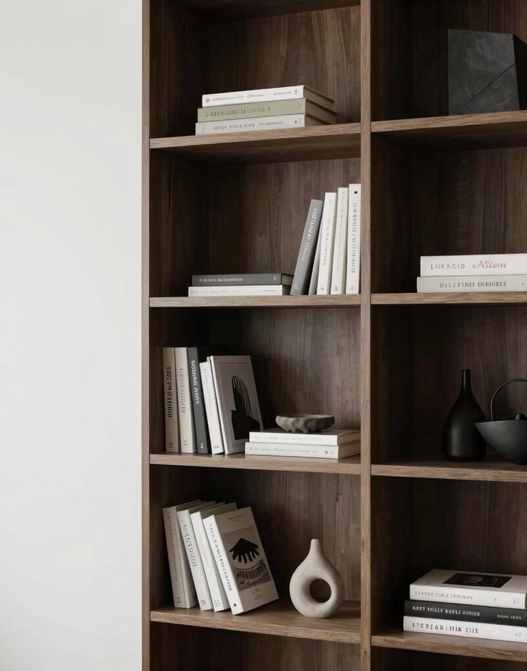 A modern bookshelf integrated into a white wall, containing architectural books and small sculptures. Elegant and minimalist.