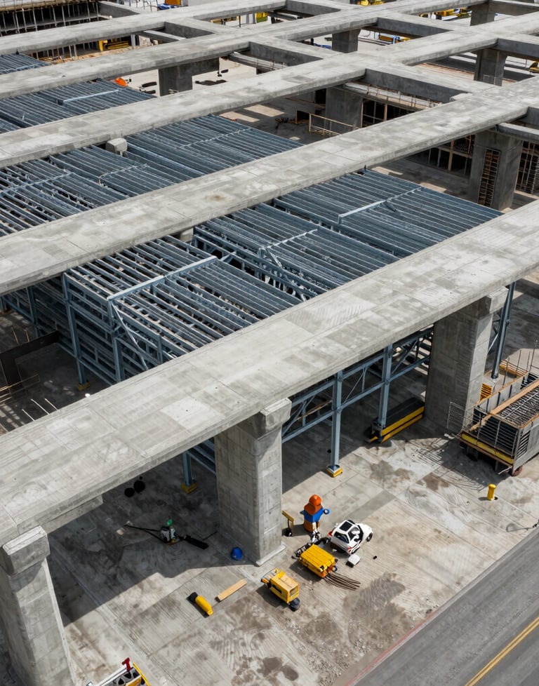 Overhead drone photography of a North American transit hub under construction. The complex geometry of the concrete footings and steel frames shows technical mastery and scale.