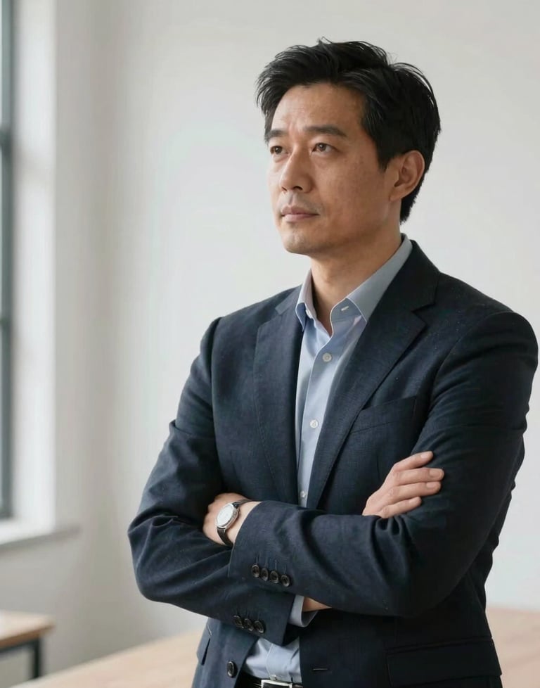 An editorial portrait of a creative director in a minimalist studio. They are looking thoughtfully off-camera, dressed in sophisticated, professional attire. The setting is clean and well-lit with natural North American daylight.