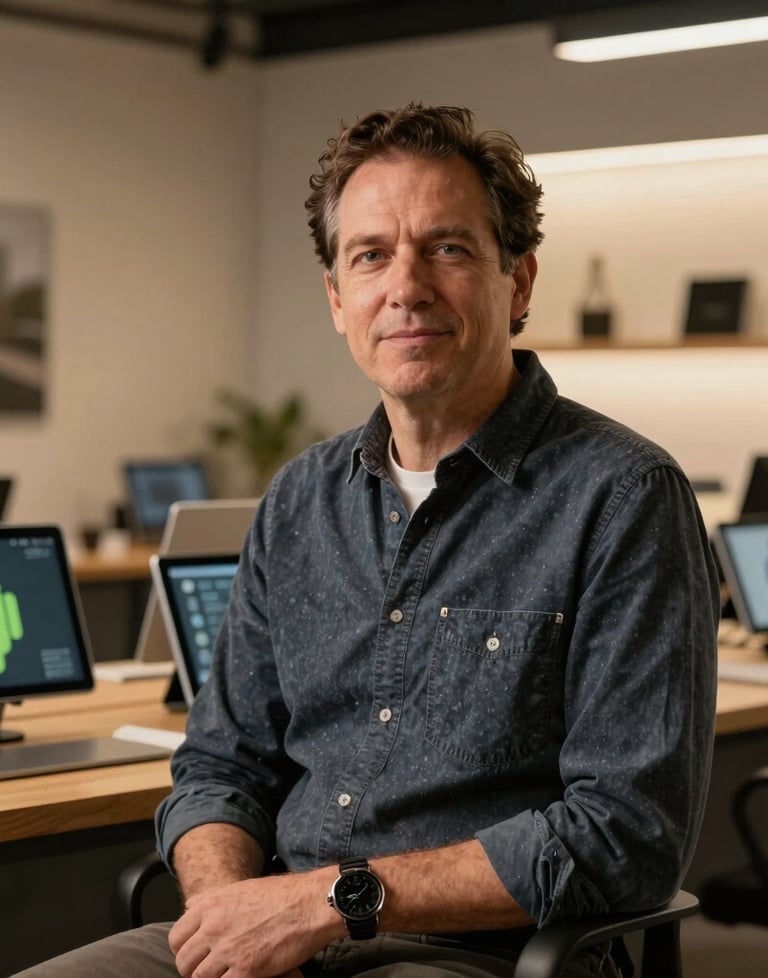 A professional portrait of the founder in a North American / US design studio. Warm lighting, sophisticated atmosphere, with Android tablets visible in the background.