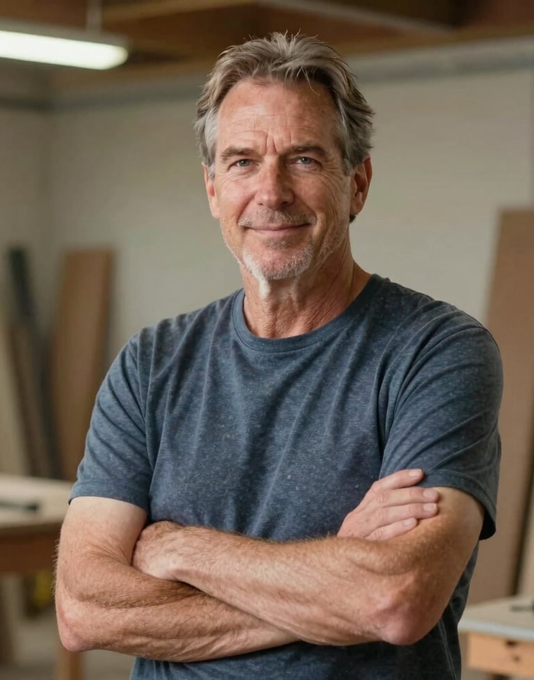 A professional portrait of Jim Murphy, an experienced builder in his 50s with a confident and kind expression, standing in a well-lit North American workshop.