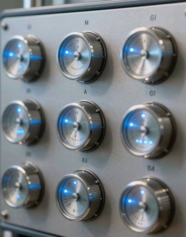 A high-resolution scientific instrument panel with glowing light blue indicators and brushed metal dials, representing precision engineering.