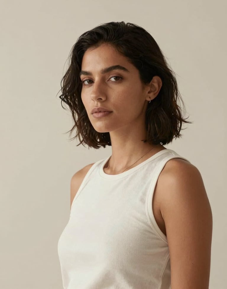 Minimalist shot of an elegant South American / Brazilian woman in a creative studio environment, soft lighting, cream and tan background.