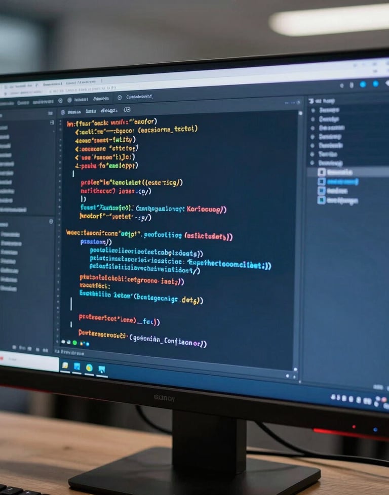 Close-up of a high-tech computer monitor in a US office showing lines of code for a mobile game engine, slate blue lighting.