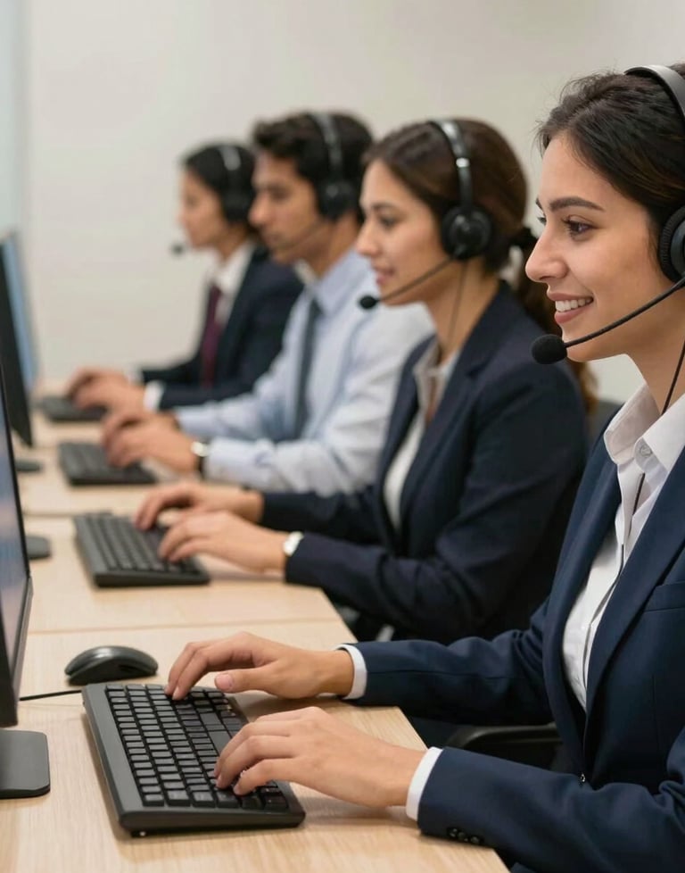 A professional tech support team in a South American call center environment. Organized desks, high-quality headsets, professional and helpful atmosphere.