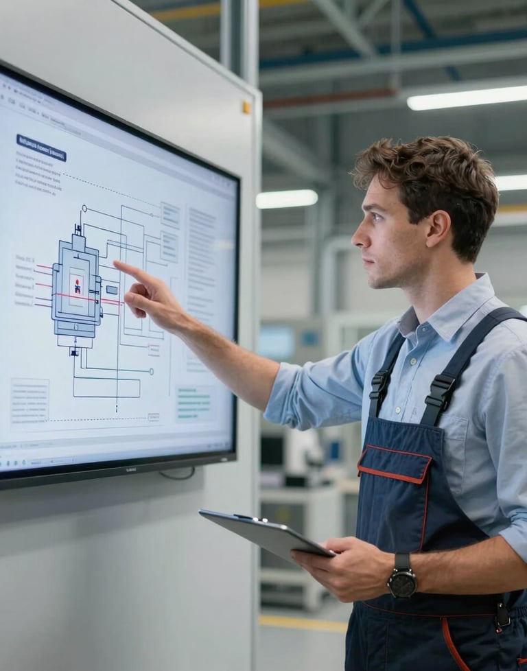 A lead engineer in professional attire standing in a modern factory in Germany, pointing at a technical diagram on a wall-mounted screen. Clean, high-tech industrial environment.