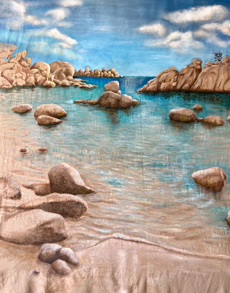 Peinture acrylique sur lin brut plage "Tamaricciu" corse du sud