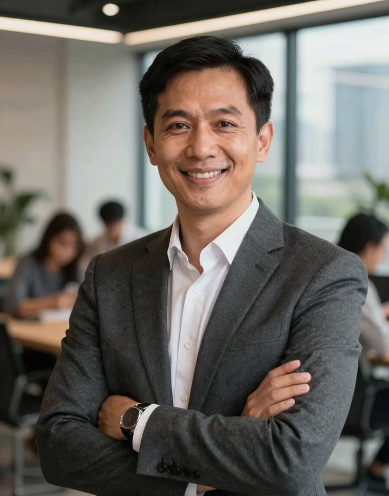 Professional headshot of a team leader in a modern Indonesian co-working space, blurred urban background.