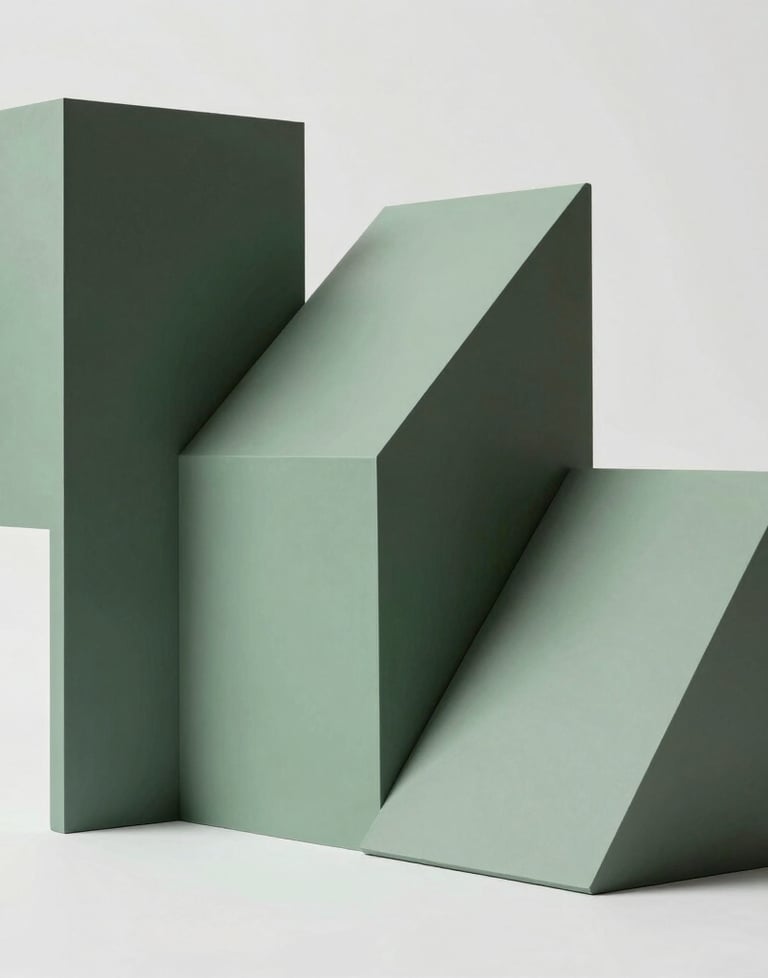 An abstract artistic visual element consisting of geometric sage green and charcoal shapes against a pure white background, reflecting modern creativity.