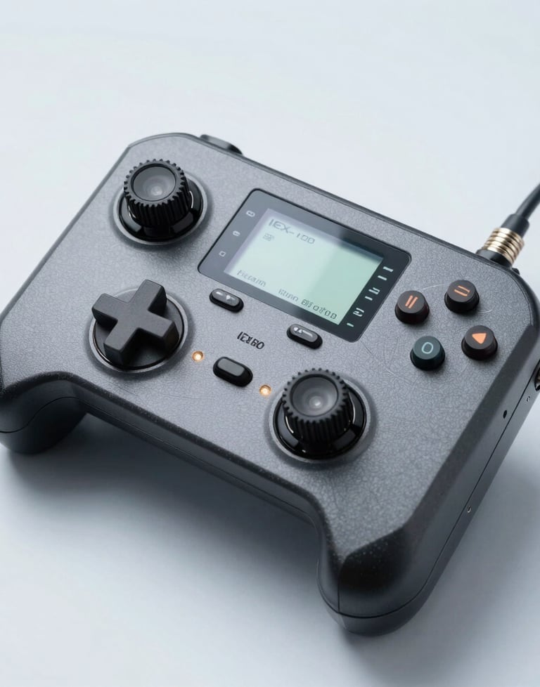 Clean, studio shot of the IEX-100 controller on a white-blue background. The focus is on the industrial build and the high-contrast display.