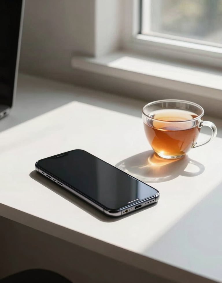 A minimalist lifestyle photo of a modern desk with an Android phone and a cup of tea. Sunlight streams in from a window in a North American home office. Peaceful and professional.