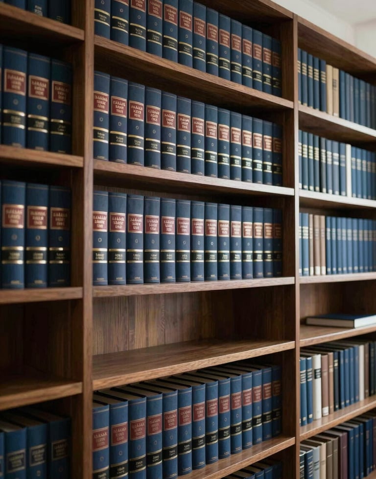 A large bookshelf filled with professional law volumes in a Brazilian office. Muted colors, dark blue and wood, representing a deep foundation of knowledge.