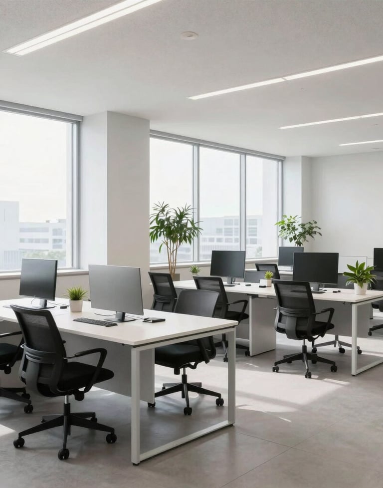 Clean, wide-angle shot of a bright Japanese office with minimalist desks and plants, large windows, professional and modern environment.
