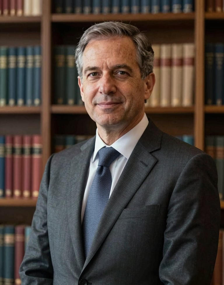 A professional portrait of an academic leader in a suit, standing before a wall of dark wooden bookshelves. The person has an authoritative and collegial expression. North American / Academic setting.