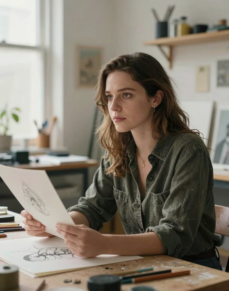 A portrait of Kathryn Delaney in her sun-filled studio, looking thoughtfully at a new sketch, surrounded by artistic materials.