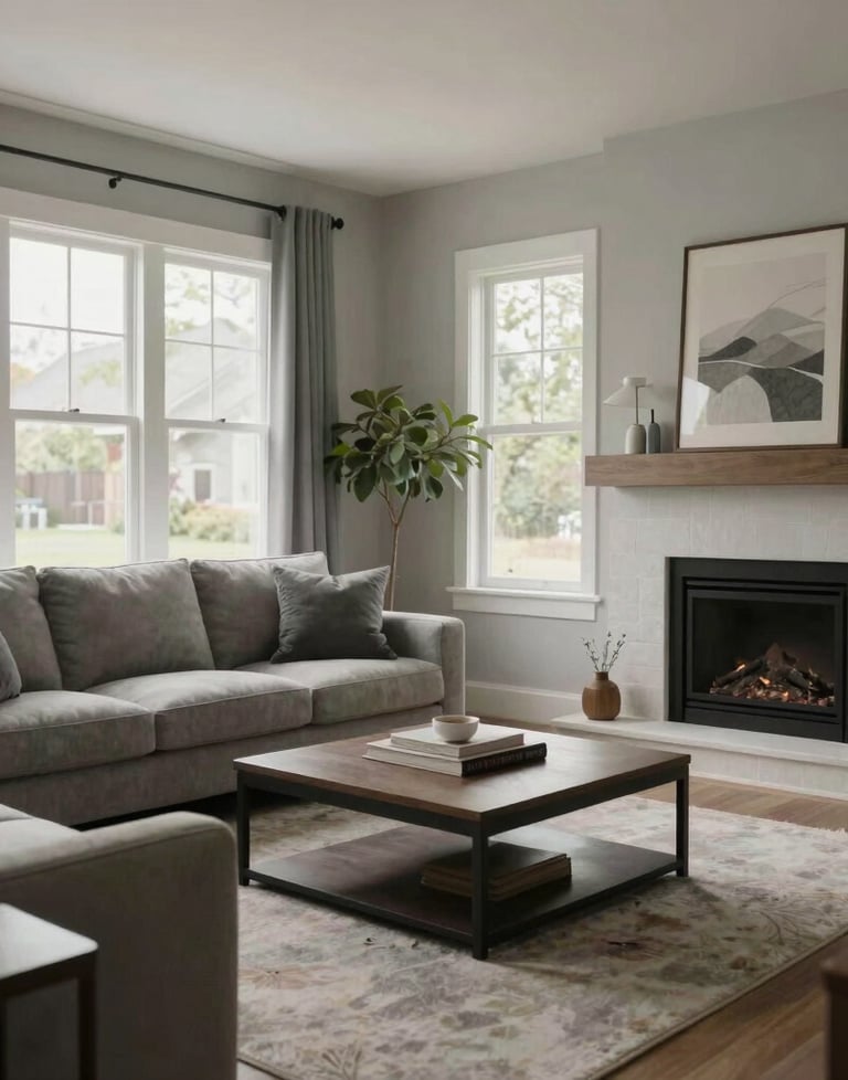 A beautifully styled living area in a North American home featuring a mix of neutral gray textures, a modern fireplace, and large windows providing soft natural light.
