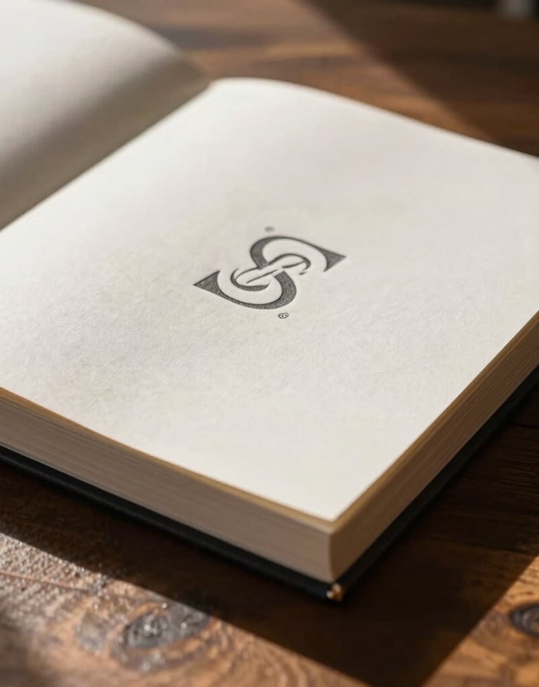 Detail of a luxury brand book with heavy paper and embossed logo, resting on a dark wood table in a sunlit Spanish loft.