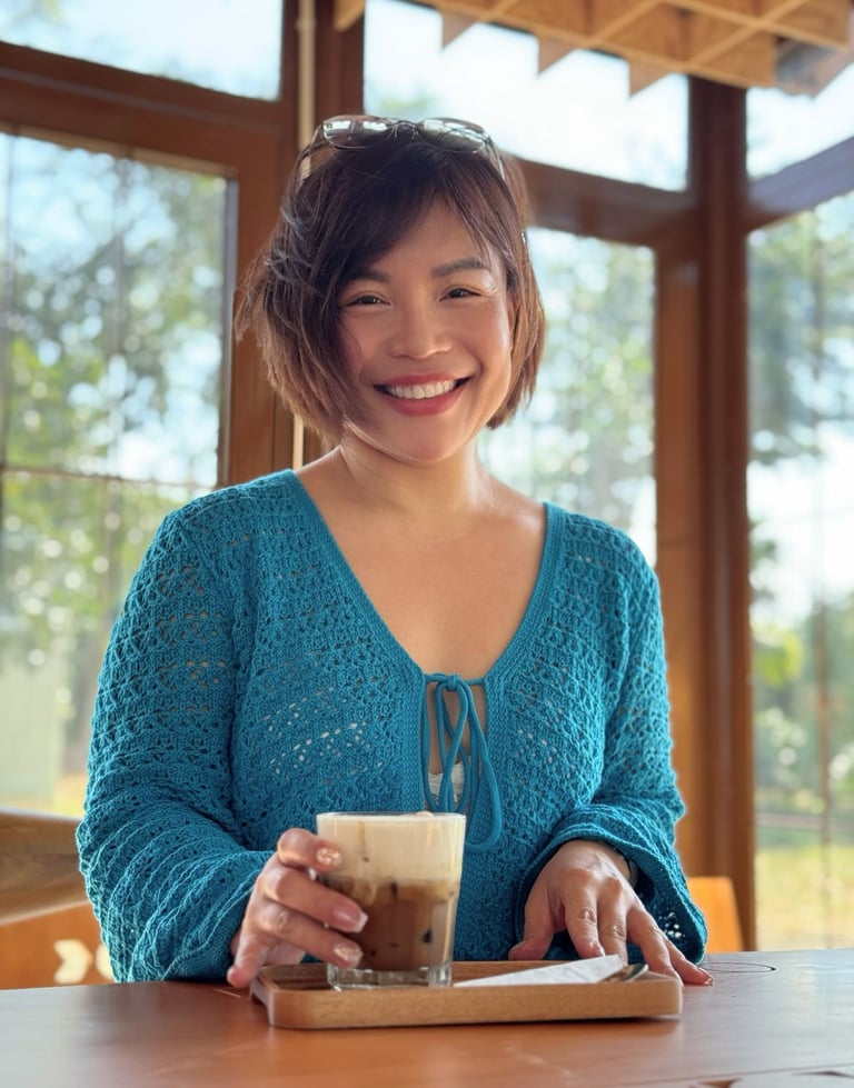 Tina in a blue sweater is smiling and holding a coffee