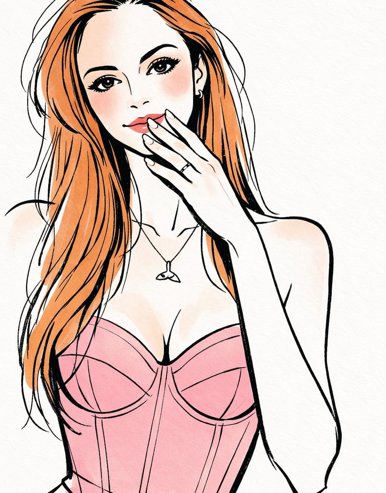 Fashion illustration of a woman with long red hair wearing a pink corset and whale tail necklace.