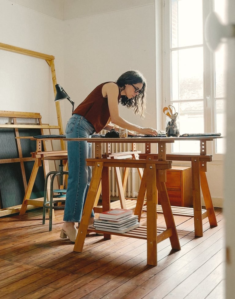 Sabine Segura dans son atelier travaillant sur un tissage 