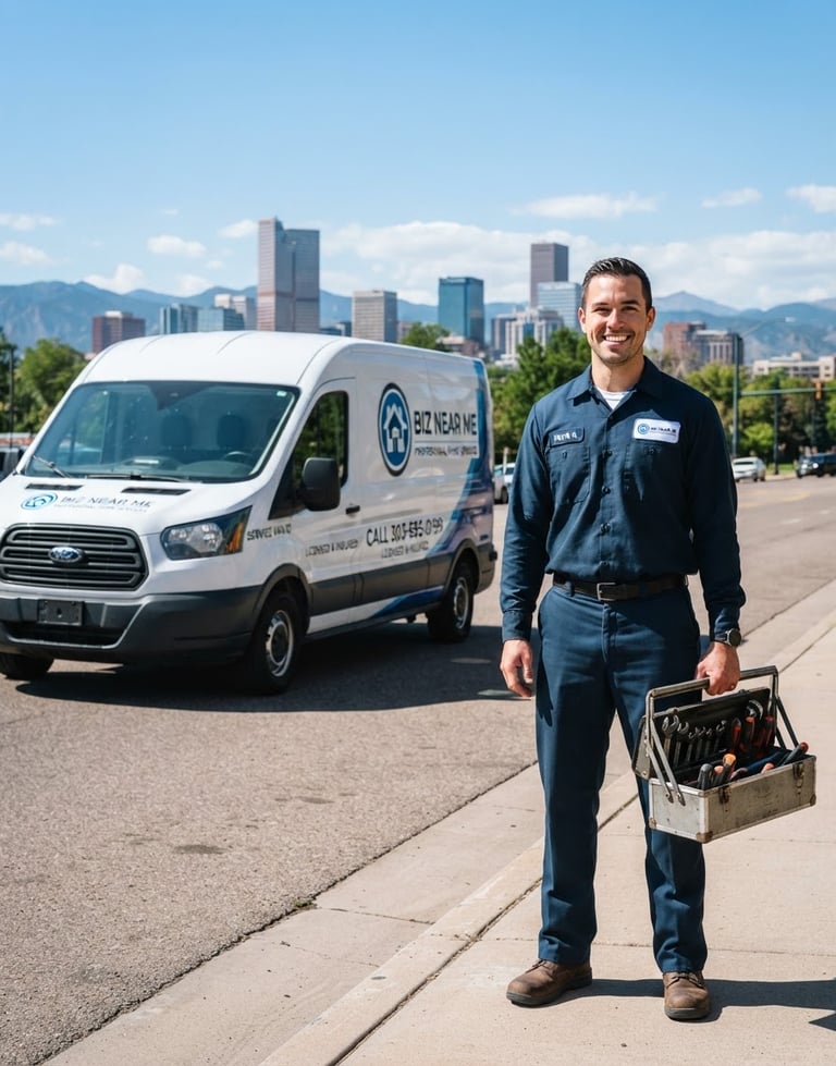 A certified Biz Near Me technician, wearing a clean uniform, is smiling confidently while holding a toolkit, standing beside a branded service van on a sunny Denver street. The technician is in the right third of a portrait frame, with the van and Denver skyline in the background. Crisp commercial photography, bright natural daylight, sharp focus.