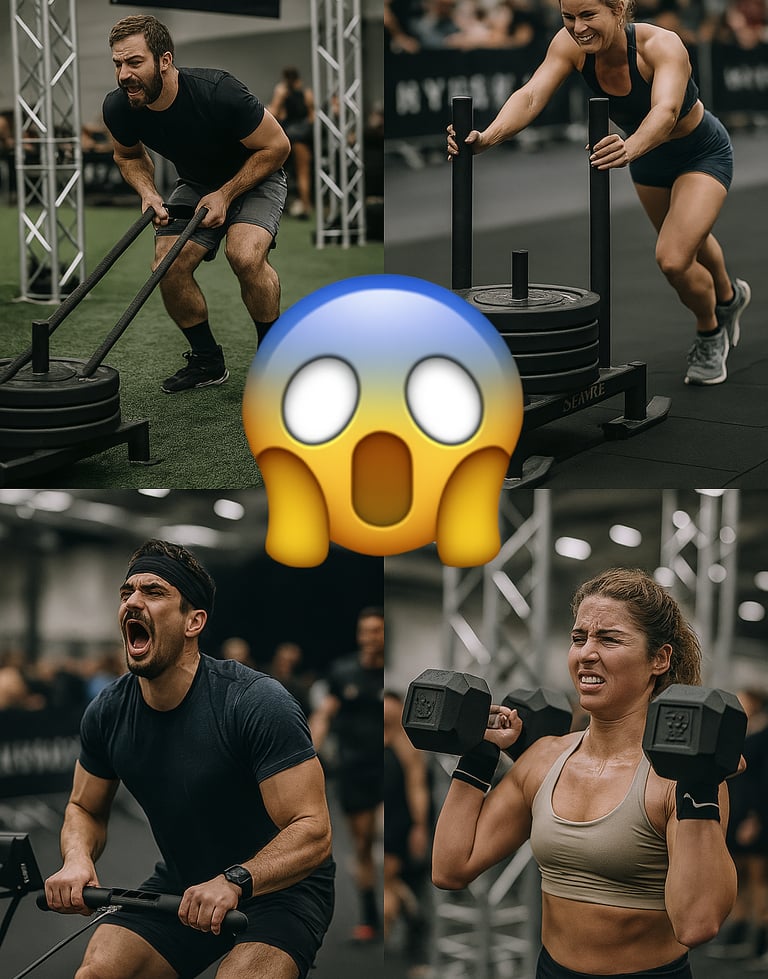 collage of brutal Hyrox exercises with shocked face emoji