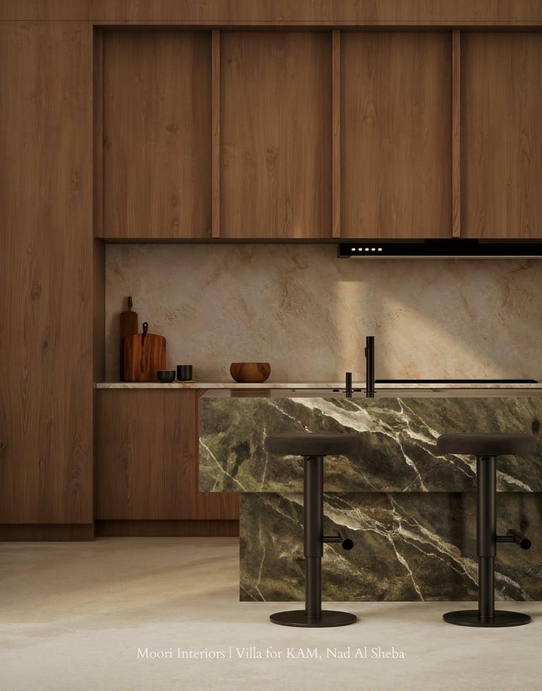 Wood cabinetry and a patterned green marble island in a contemporary kitchen.